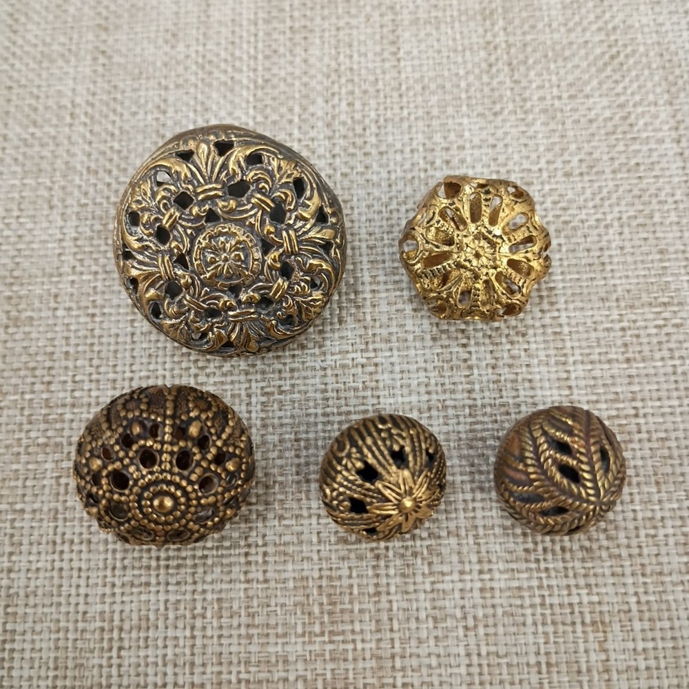 Antique Victorian Brass Button Cricket Cage Openwork Gilt Lot of 5 Shank Ornate